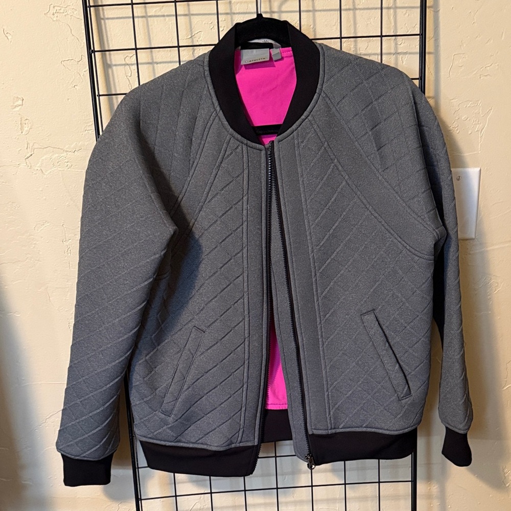 Athleta Gray Quilted Bomber Jacket with Pink Lining